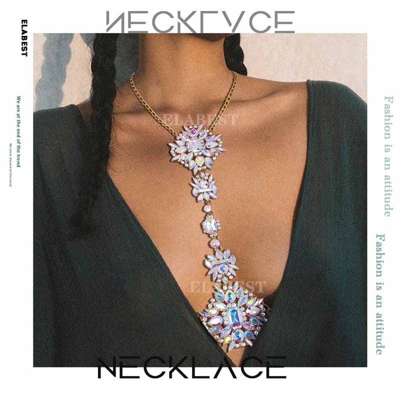 ELABEST Boho Rhinestone Statement Chest Chain Crystal Necklace Body Chain Summer Beach Body Jewelry Accessories for Women (AB Colorful) - Image 3